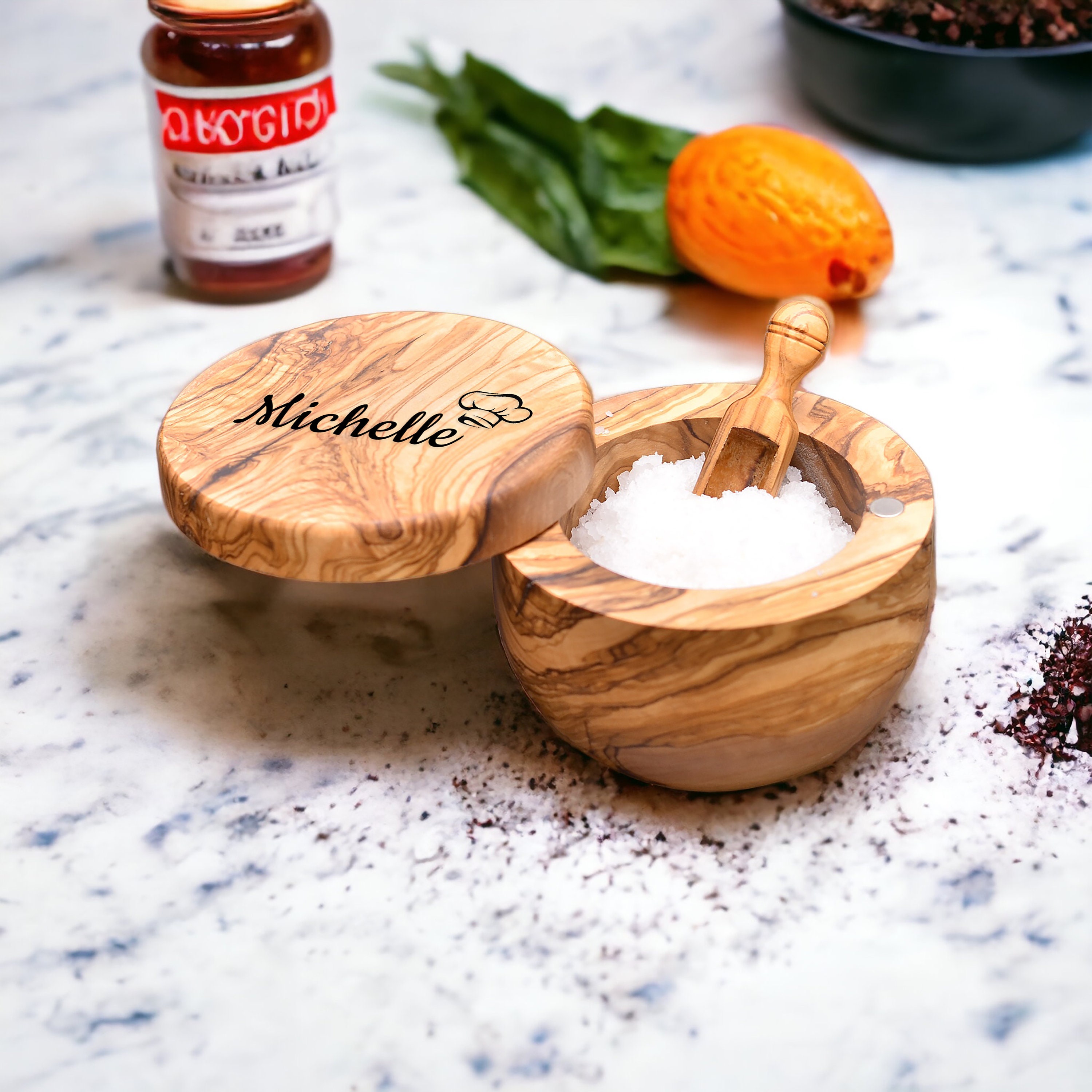 Engraved olive wood salt holder- salt curator - salt box - spice rack - gift idea - gifts for him - gifts for her(+ free wood conditioner)