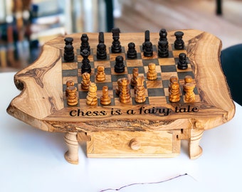 personalized olive wood chessboard - rustic chess board -chess gift - chess set - handmade chess set - gift for dad(+ free wood conditioner)