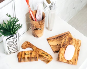 Luxurious Olive Wood Bathroom Accessories Set - Handcrafted Brush, Hairbrush and Soap Holders(+ free wood conditioner)