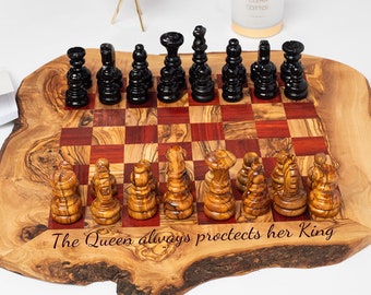 Customized Olive Wood Chess Board, Special Red Squares, Rustic Edges & Pieces - Unique and Refined Gift(+ free wood conditioner)