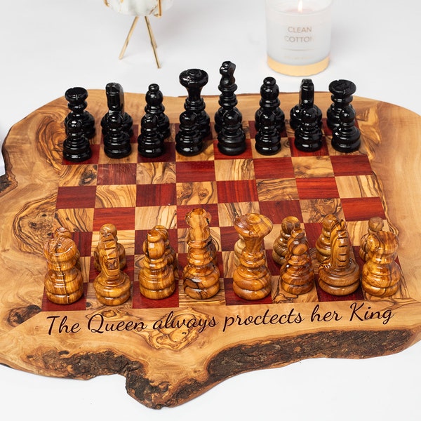 Customized Olive Wood Chess Board, Special Red Squares, Rustic Edges & Pieces - Unique and Refined Gift(+ free wood conditioner)