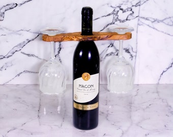 Elegant Olive Wood Wine and Glass Holder - Refined Craftsmanship - The Perfect Gift!