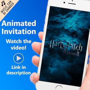 Może przedstawiać: Smartfon wyświetlający animowane zaproszenie w ciemnoniebieskim i czarnym kolorze na wydarzenie Harry Patch Turning 8. Tekst "MUSIC CAN BE CHANGED" jest widoczny w lewym górnym rogu obrazu.