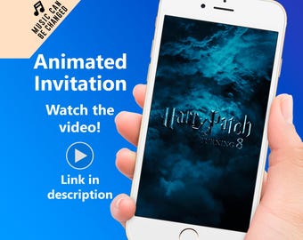 May include: A smartphone displaying a dark blue and black animated invitation for a Harry Patch Turning 8 event. The text "MUSIC CAN BE CHANGED" is visible in the upper left corner of the image.