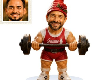 May include: A custom bobblehead figurine of a bearded man with a muscular build, wearing a red tank top with the word Gnome and a small graphic, red shorts, and white sneakers. The figure wears a red pointed hat and lifts a black barbell.