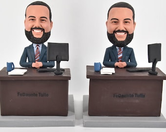 Custom Man at desk bobbleheads, custom office bobbleheads, bobblehead for Boss's Day, bobblehead gift with computer