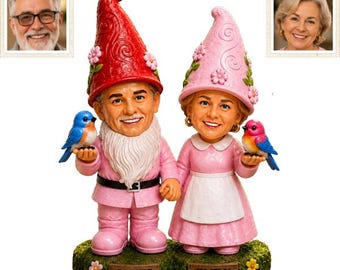 May include: A custom figurine featuring two gnomes with faces resembling the provided portraits. The male gnome wears a red hat and pink outfit with a blue bird, while the female gnome wears a pink hat and dress with a pink bird. Bases are labeled James and Emily.