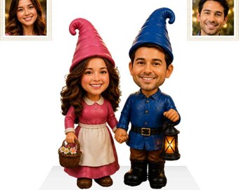 May include: A custom bobblehead figurine set featuring two figures with realistic facial features. One figure wears a pink hat and dress with a white apron, holding a flower basket. The other figure wears a blue hat, blue shirt, and black boots, holding a lantern.