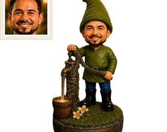 May include: A custom figurine of a man with a beard wearing a green hat and tunic, blue pants, and black boots. The figure stands next to a water pump and bucket on a circular base with the text LOVE GROWS HERE, featuring two small white flowers.