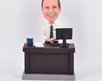 Custom Man at desk bobbleheads, custom office bobbleheads, bobblehead for Boss's Day, bobblehead gift with computer