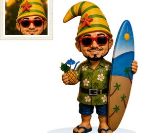 May include: A figurine of a person wearing a yellow and green striped hat with a red starfish, red sunglasses, and a green shirt with white flowers and palm trees. The figure holds a pineapple drink and a blue and tan surfboard with a sun graphic.