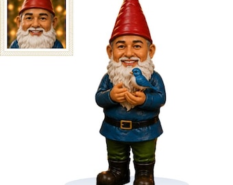 May include: A garden gnome figurine featuring a red pointed hat, a long white beard, a blue tunic with a black belt, green trousers, and dark boots. The gnome holds a small blue bird in its hands and displays a smiling facial expression.