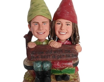 Growing Old Together Garden Gnome Couple Bobblehead - Custom Wedding Anniversary Gift, Cute Home Decor, Husband Wife Xmas Keepsake