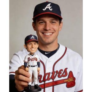 Könnte beinhalten: Wackelkopf-Puppe eines Baseballspielers mit einer marineblauen Kappe mit weißem "A"-Logo und einer weiß-roten Baseballuniform. Der Wackelkopf wird vor einer Person gehalten, die eine passende Baseballkappe und -uniform trägt.