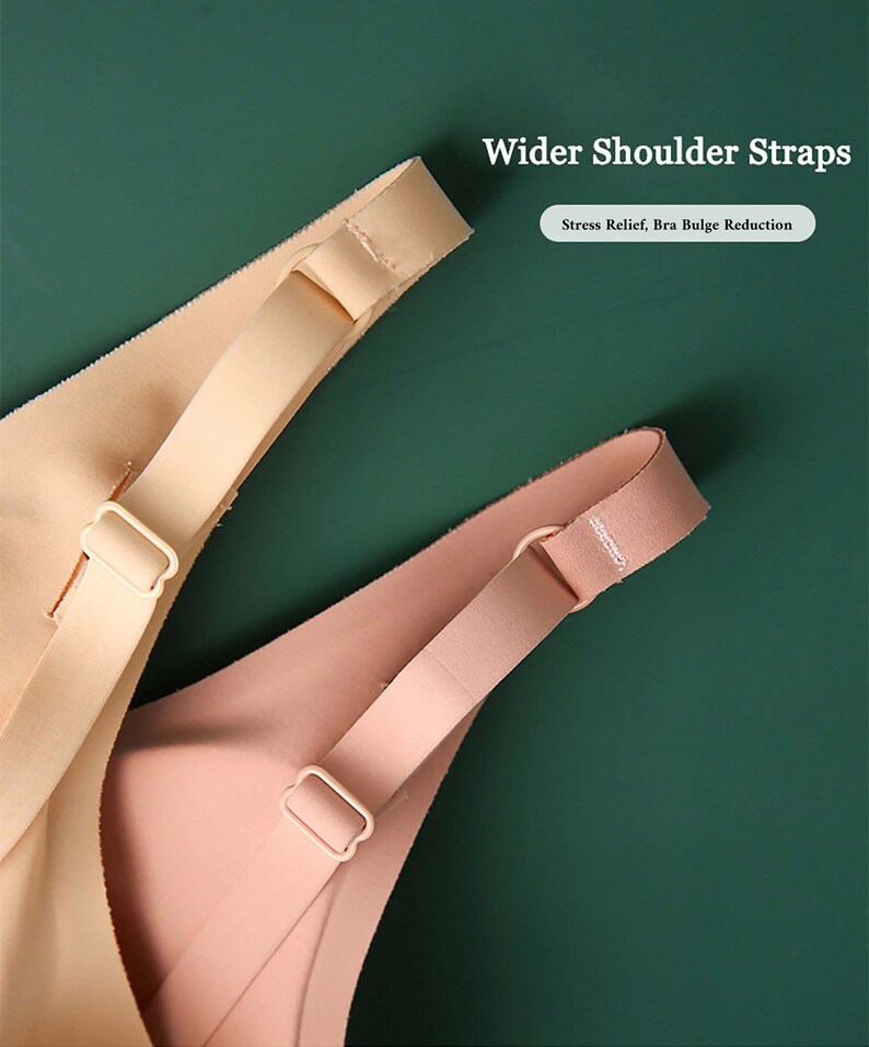 May include: Two close-up images of bra straps with wider shoulder straps. The straps are made of a soft, stretchy material and are designed to provide comfort and support. "Wider Shoulder Straps" and "Stress Relief, Bra Bulge Reduction" are written in the image.