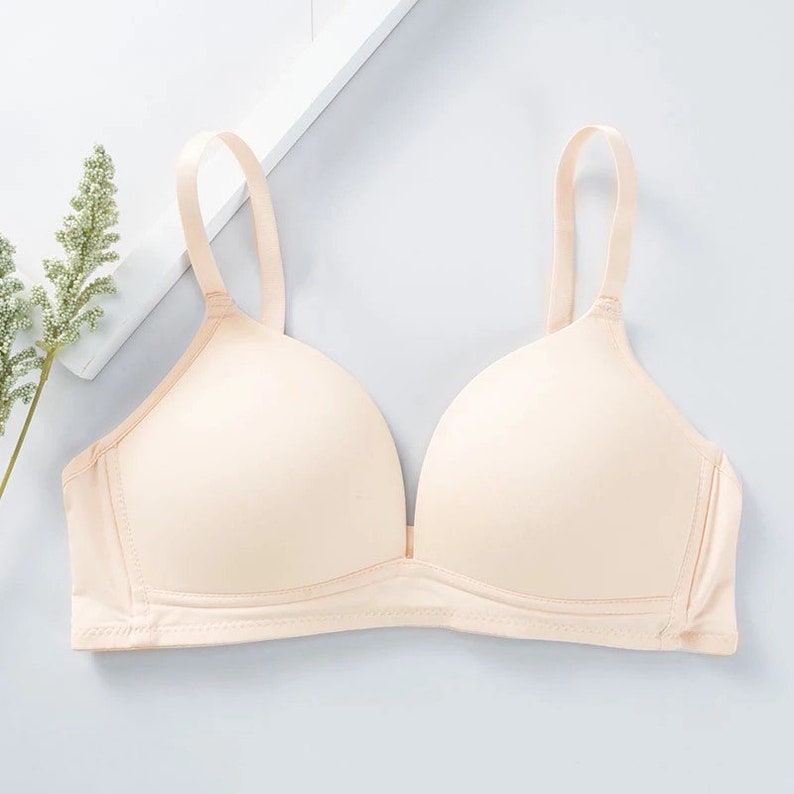 May include: A nude-colored bra with adjustable straps and a smooth, seamless design.