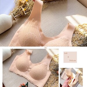 May include: A nude-colored seamless bra with delicate lace trim. The bra has a soft, comfortable feel and features a floral pattern.