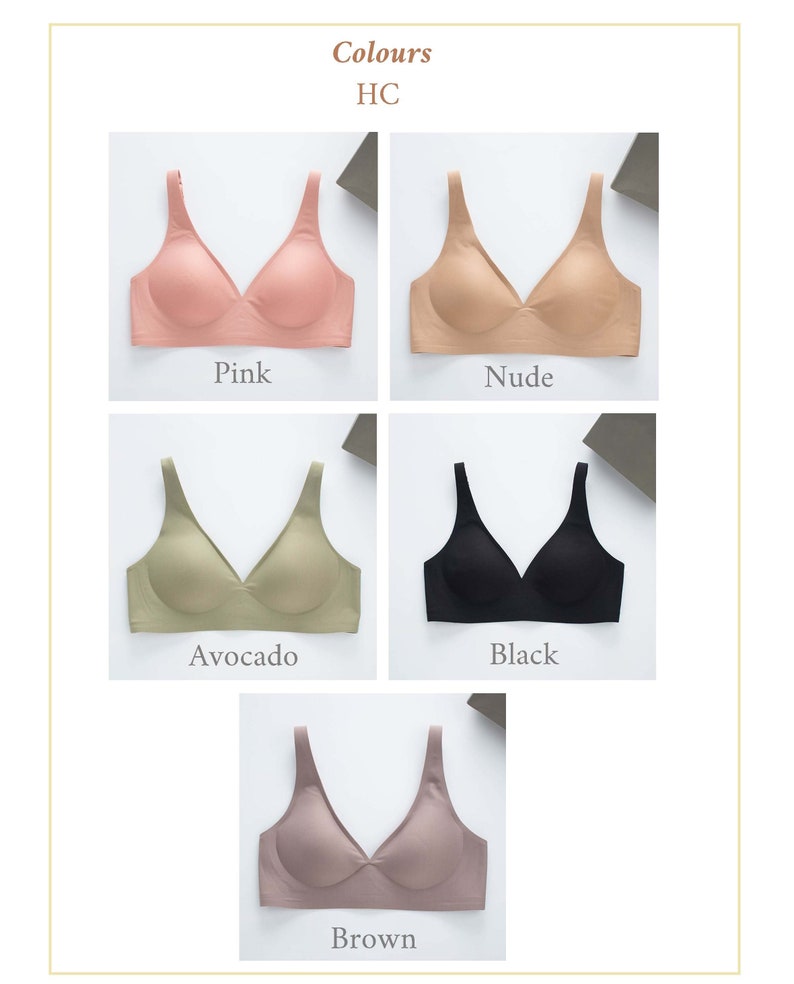 May include: Five seamless bras in different colors: pink, nude, avocado, black, and brown. The bras have a V-neck and adjustable straps.