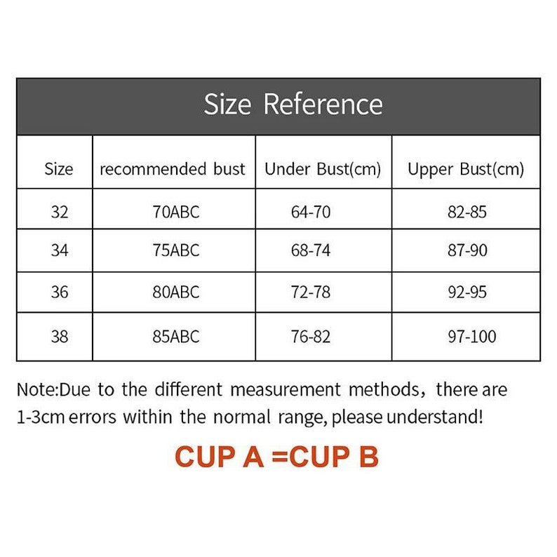 May include: Size chart for bras, showing recommended bust size, under bust measurement in centimeters, and upper bust measurement in centimeters. The chart includes sizes 32, 34, 36, and 38. The chart also states that cup A is equal to cup B.