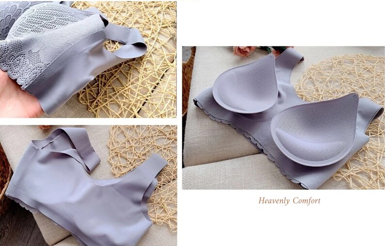 May include: A gray seamless bra with removable cups and lace trim. The bra is made of a soft, stretchy material and has a comfortable fit. "Heavenly Comfort" is written on the bottom of the image.