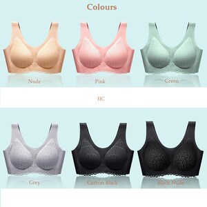 May include: Six different colors of a wireless bra with lace detailing. The colors are nude, pink, green, grey, carbon black, and black nude.