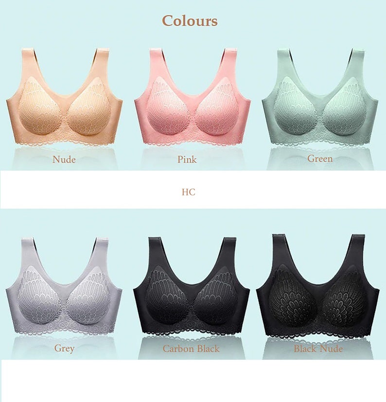 May include: Six different colors of a wireless bra with lace detailing. The colors are nude, pink, green, grey, carbon black, and black nude.