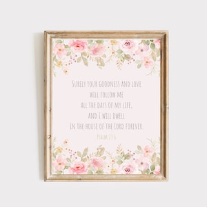 Arte de pared imprimible con cita personalizada y versículo bíblico personalizado, impresión digital para habitación de niñas, pared de guardería con flores rosas, póster con nombre de bebé para descargar
