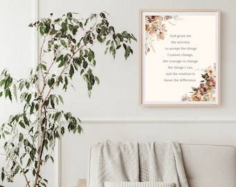 Therapy Office Decor Serenity Prayer Printable Poster Sobriety Gift for Women Digital Print Addiction Recovery Art Floral Christian Sign