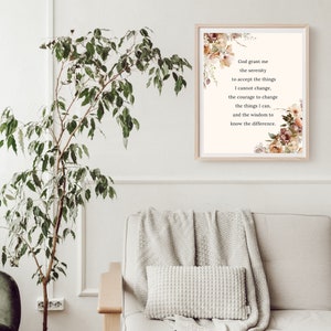 Terapia Oficina Decoración Serenidad Oración Imprimible Cartel Sobriedad Regalo para Mujeres Impresión Digital Recuperación de Adicciones Arte Floral Signo Cristiano