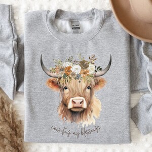 T-shirt drôle de Thanksgiving, vache Highland, vache d'automne, t-shirt pour femme, cadeau, chandail d'automne, chandail chrétien de Thanksgiving, haut des bénédictions