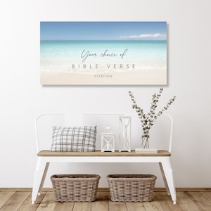May include: A canvas print featuring a beach scene with the text "Your choice of BIBLE VERSE CITATION".