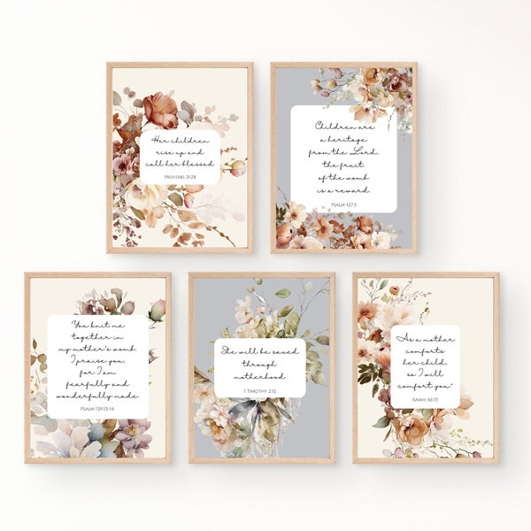 Christian Motherhood Floral Printable Set of 5 Posters for Mother Bible Verse Digital Print Botanical Christian Art Mom Catholic Mothers Day