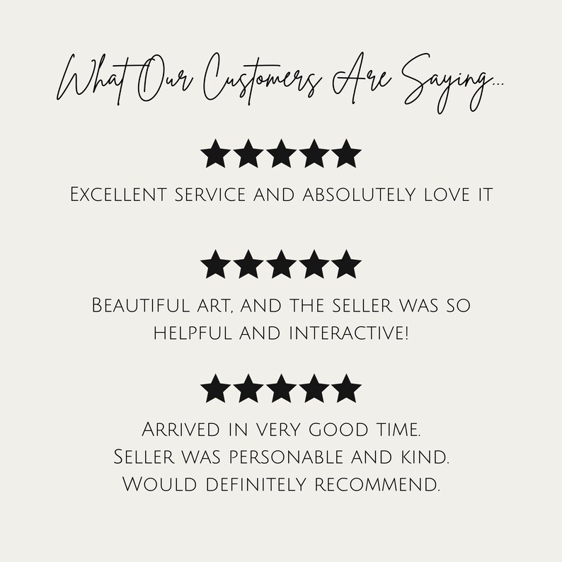 May include: Five-star reviews for a product or service. The reviews highlight excellent service, beautiful art, and a helpful and interactive seller. The seller is also described as personable and kind. The reviews recommend the product or service.