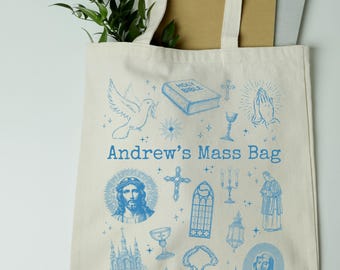 Catholic Mass Bag, Baptism Gift Boy, Personalized Church Bag for Kids, Custom Name Tote Bag, Godparent Gift to Godchild First Communion Gift