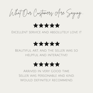 May include: A cream-colored graphic with the text "What Our Customers Are Saying..." and five-star ratings. The text includes positive customer feedback about the service, art, and seller interactions.