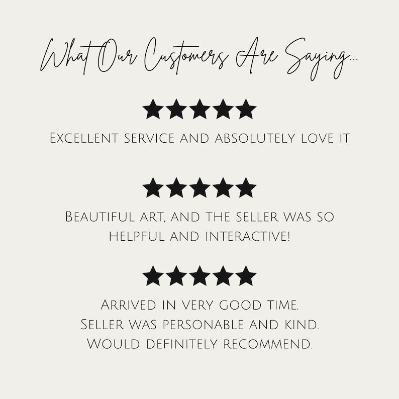 May include: A cream-colored graphic with the text "What Our Customers Are Saying..." and five-star ratings. The text includes positive customer feedback about the service, art, and seller interactions.