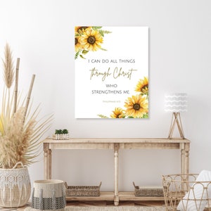 Je peux tout par le Christ qui me fortifie, impression sur toile écriture florale tournesol décoration chrétienne fleurs sauvages verset biblique