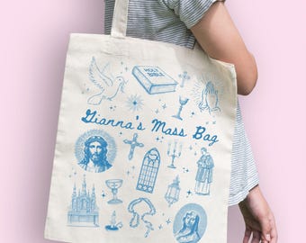 Personalized Catholic Mass Bag, Baptism Gift Boy, Custom Church Bag for Kids, Customized Name Tote Bag, Godchild Gift First Communion Gift
