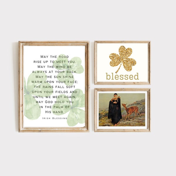 Irish Blessing St. Patrick Artwork, Set of 3 Printable Posters, Shamrock Art, May the Road Rise Up, Catholic Saint Patrick Decor Modern DIY