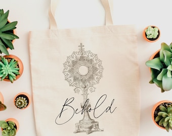 Behold Eucharistic Catholic Tote Bag, Mass Bag, Monstrance, Communion Vintage Design, Eucharist, Traditional Catholic Gift, Adoration