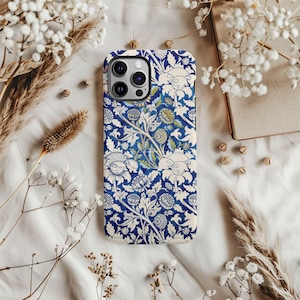 Motif floral vintage bleu et blanc William Morris, coque de téléphone résistante, étui de téléphone portable fleurs bleues, coque protectrice 2 couches pour iPhone, cadeau