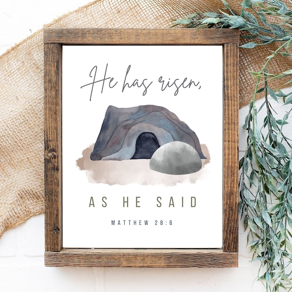 He Has Risen Printable Wall Art for Easter Print Christian Home Decor for Easter Digital Download, Matthew 28, Christ is Risen, He Is Risen