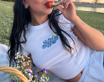Gingham Blueberry Graphic Tee, Spring Summer Baby Tee, 90s fit baby tee