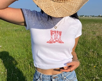 Red Cowboy Boots Graphic Baby Tee, Country Concert Shirt