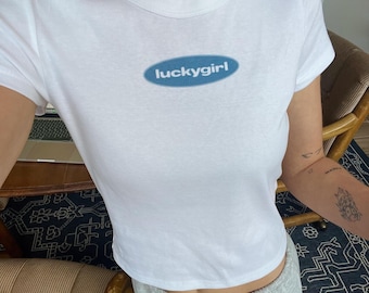 Lucky Girl Graphic Tee, 90s Baby Tee, Simple Fashion Tees, Cropped Fit
