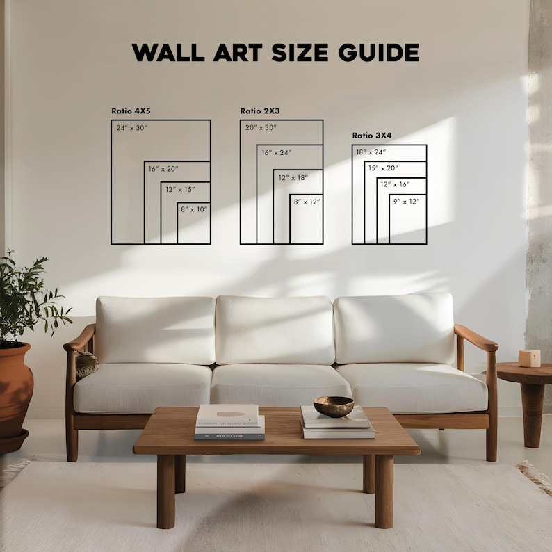 May include: A wall art size guide with dimensions in inches. The guide displays various rectangular sizes, including 24" x 30", 16" x 20", and 12" x 15" for the 4X5 ratio. The text "WALL ART SIZE GUIDE" is at the top. A sofa and coffee table are in the foreground.
