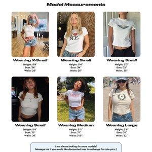 May include: A collage of six images showcasing models wearing white t-shirts with various designs. Each image includes the model's height, bust, and waist measurements in inches. The text "Model Measurements" is at the top, and a message at the bottom invites model submissions.