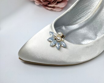 Bridal shoe clips (pair), ivory faux pearl and blue rhinestone wedding shoe accessories, high heel embellishment