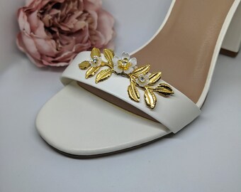 Bridal shoe clips (pair), gold floral wedding shoe accessories, pearl high heel sandal embellishment