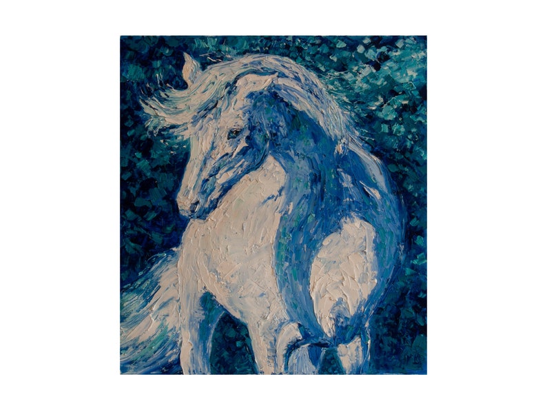 White Horse Painting Animal Original Art Oil on Canvas Impasto P